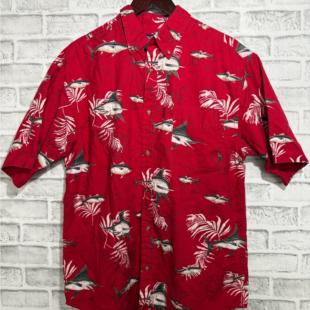 puritan hawaiian shirt Men’s Large Fish Print Red  Cotton